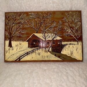 Brown and White Mixed Media Winter Scene Art
